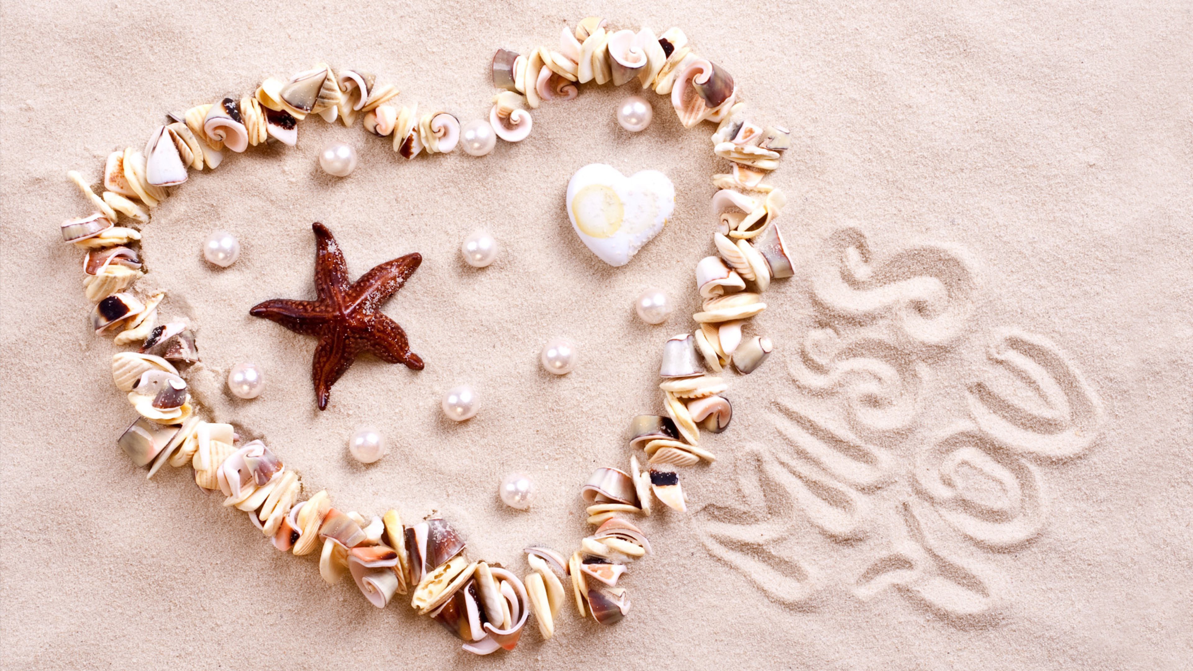 Stock Images love image, heart, starfish, shell, shore, 4k, Stock Images